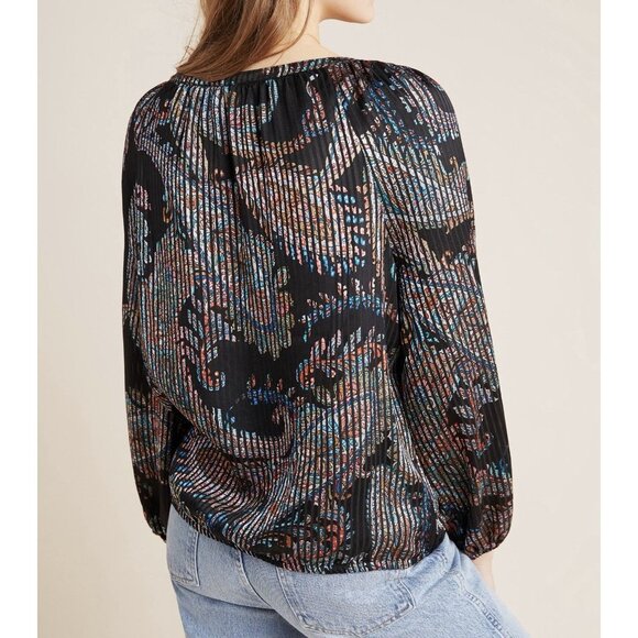 Anthropologie Maeve Madeira Black Burnout Blouse XS Size Satin Top Paisley - Picture 2 of 14